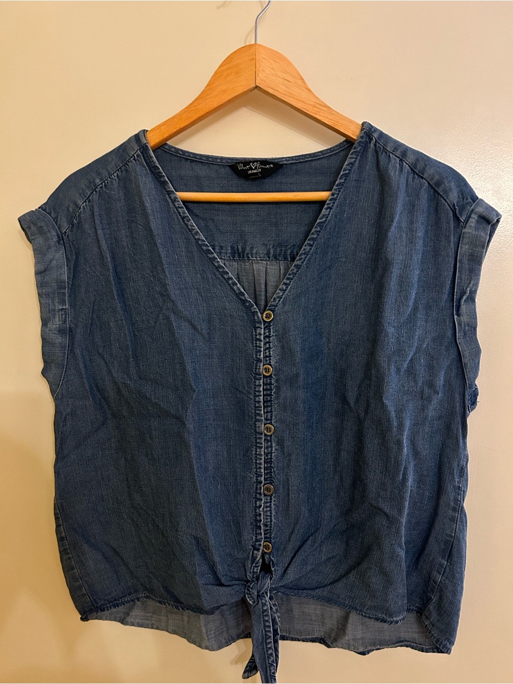 Velvet Heart Washed Denim Button-Front Tie Tank - Blue